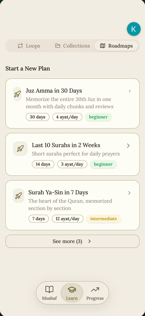 Memorization plans ready to start: Juz Amma in 30 days, the last 10 surahs in 2 weeks, Surah Ya-Sin in 7 days